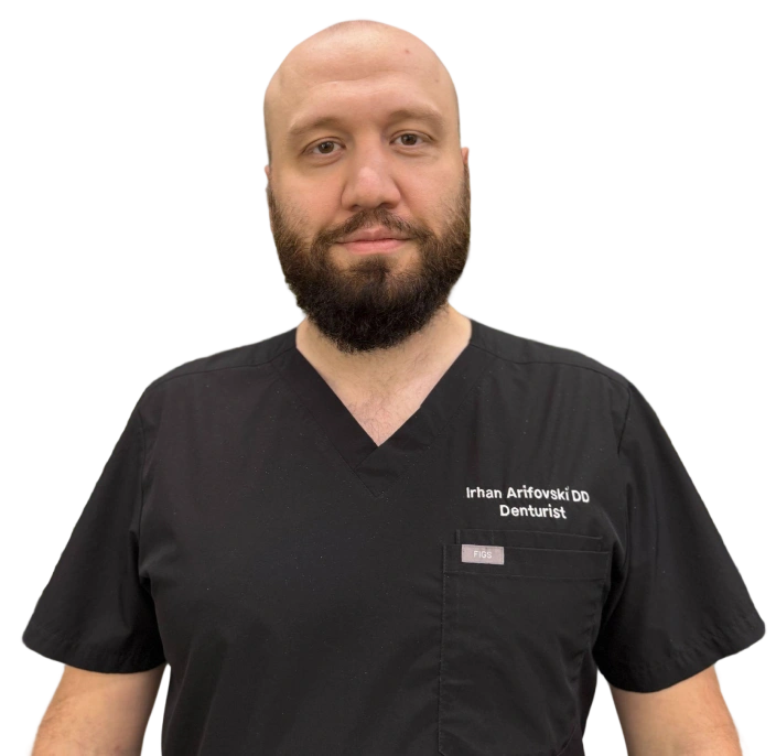 Irhan Arifovski DDS, dentist at Kanata dental practice, in professional scrubs.